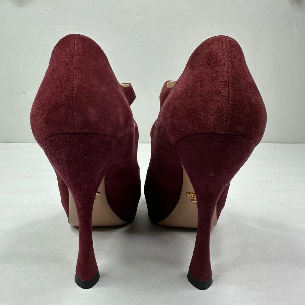 Prada Burgundy Suede Double Strap Mary Jane Peep Toe Platform Heels Size 37.5